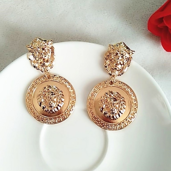 Lion Head Gold Drop Earrings - Picture 3 of 3